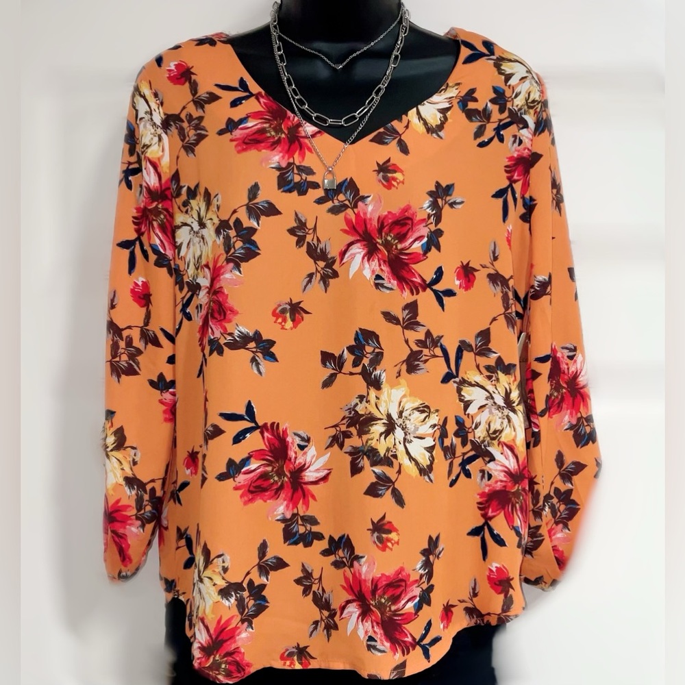 Women’s flower pattern blouse long sleeve.  Orange and blue.  Size S